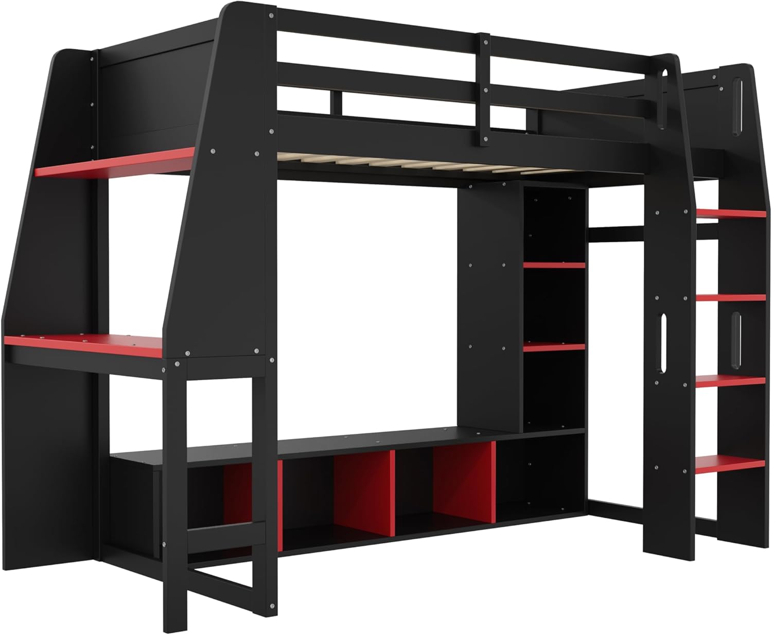 MERITLINE Full Gaming Loft Bed with Desk and Storage,TV Stand & LED RGB, Solid Wood Gaming Bed with Storage Shelves,TV Cabinet and Clothes Rack, for Adults Teens