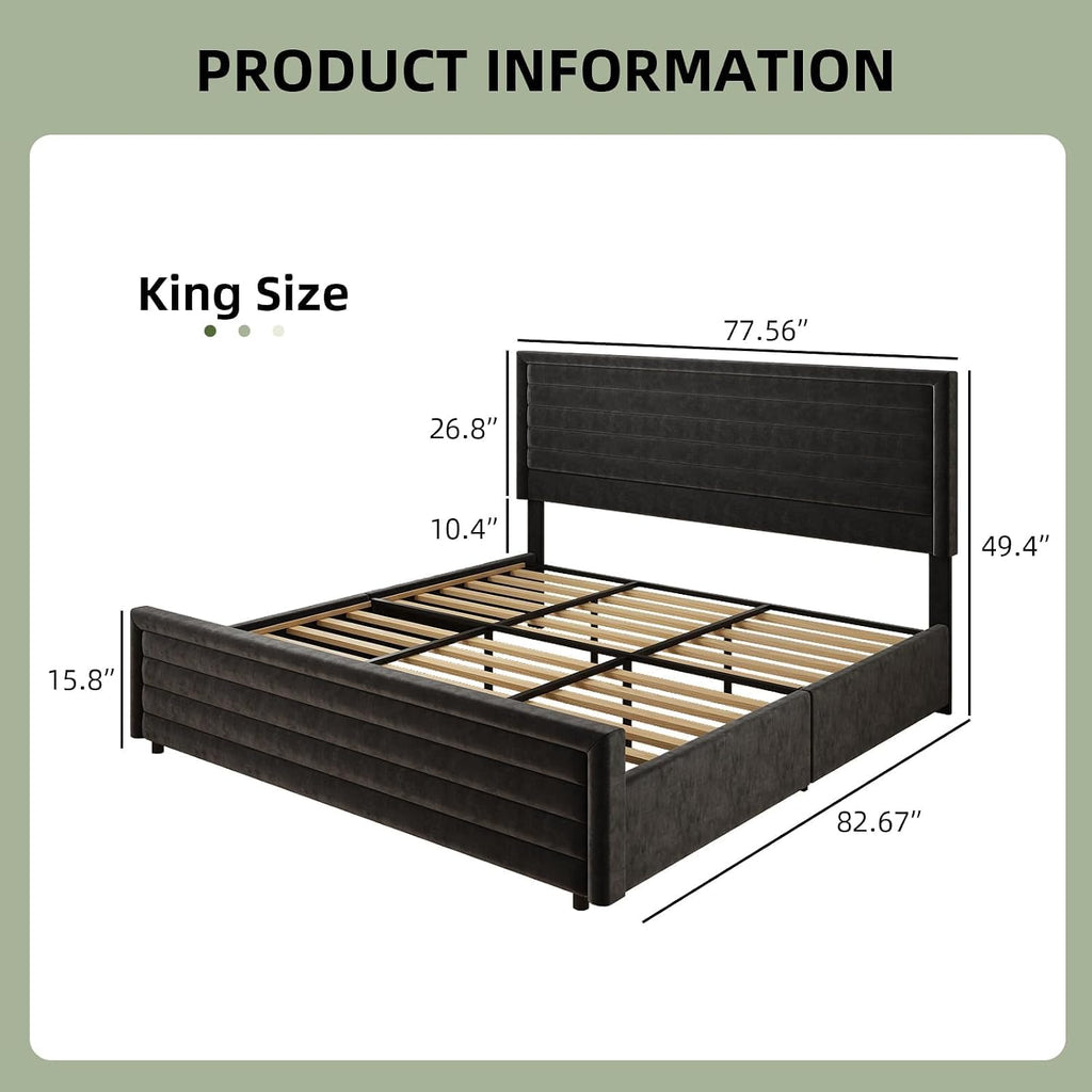 REVOMINCA King Size Bed Frame, King Platform Bed Frame with Velvet Upholstered Headboard, No Box Spring Needed, Easy Assembly, Black