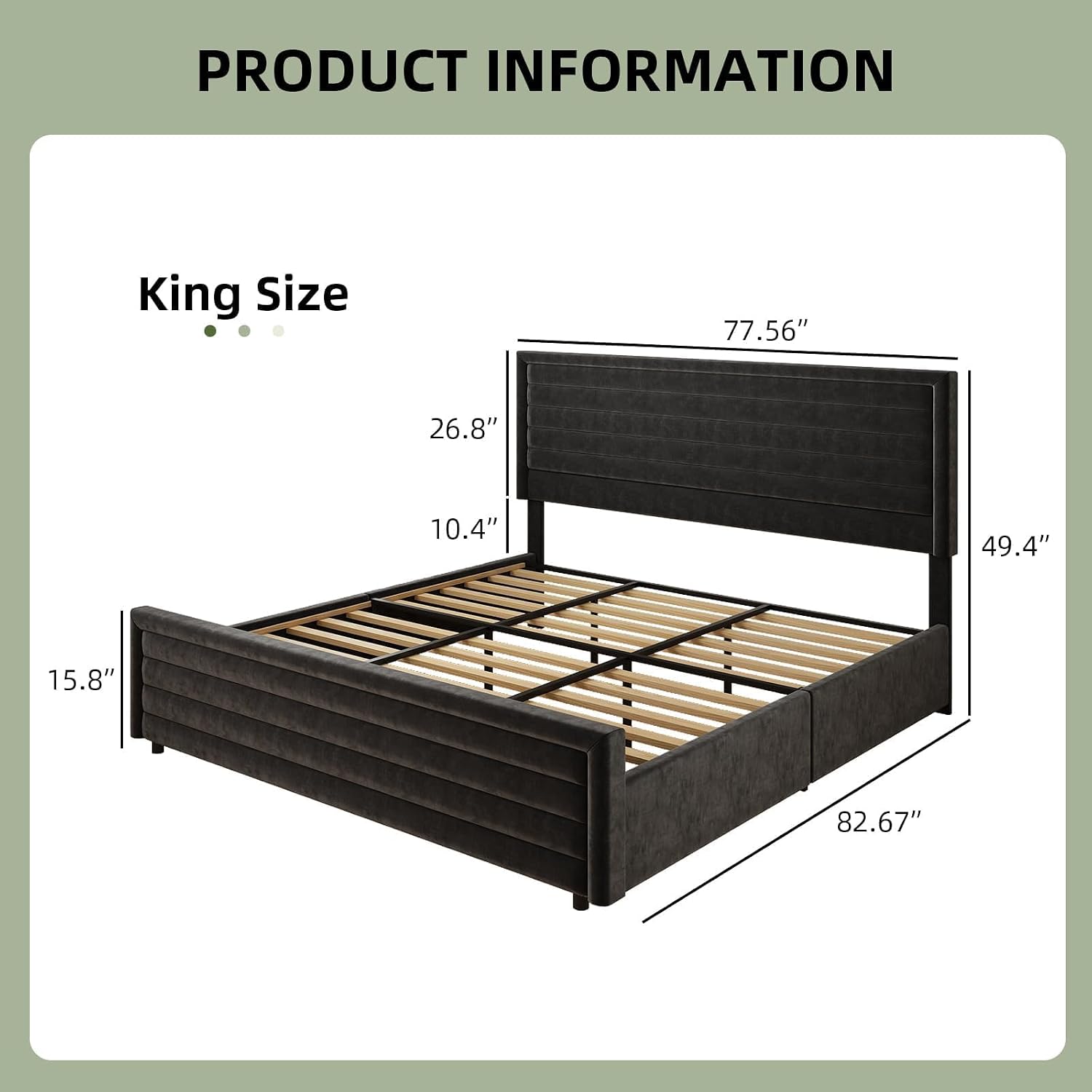 REVOMINCA King Size Bed Frame, King Platform Bed Frame with Velvet Upholstered Headboard, No Box Spring Needed, Easy Assembly, Black