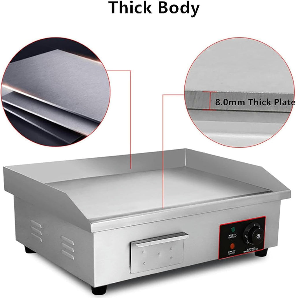 Commercial Electric Countertop Griddle Nonstick Stainless Steel Flat Top Grill Hot Plate BBQ, Adjustable Thermostatic Control, 21.6'x13.7'