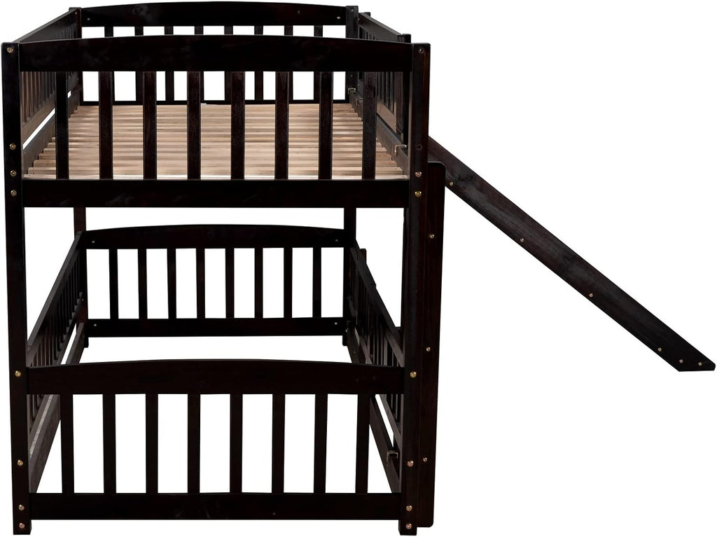 Bellemave Twin Over Twin Low Bunk Bed with Slide and Fence Railings Wood Floor Bunk Beds with Ladder for Kids Boys Girls Teens, Espresso