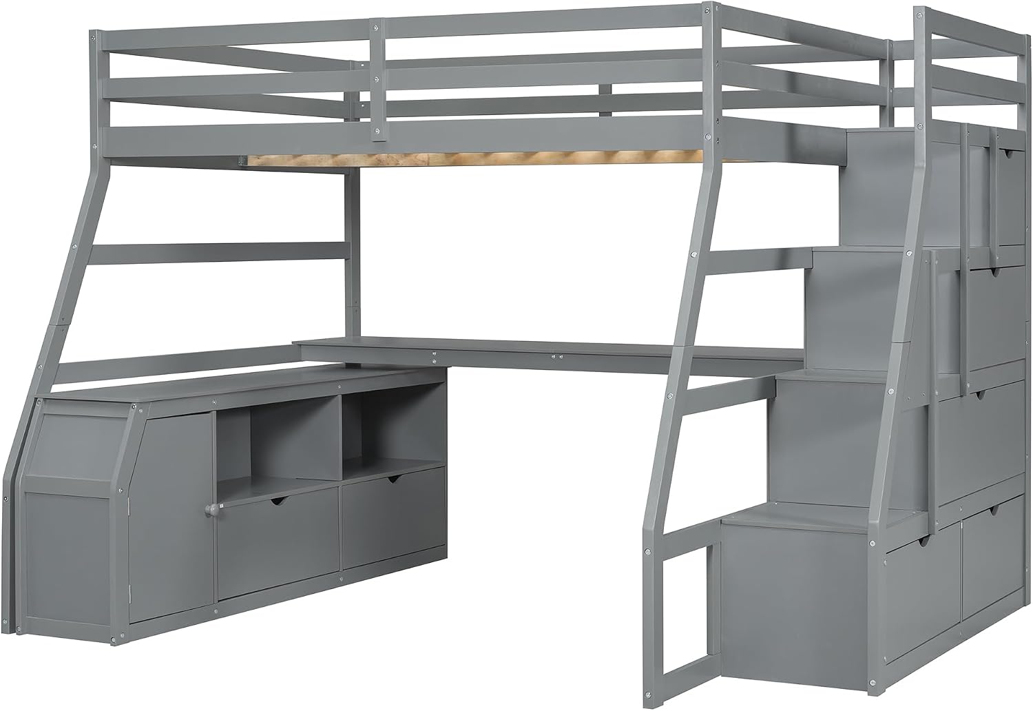 Bellemave Full Loft Bed with Desk & Storage Stairs Wood Loft Beds with Cabinet and 7 Drawers and 2 Shelves High Loft Bed Frame with Step for Kids, Juniors, Teen, Boys, Girls, Grey