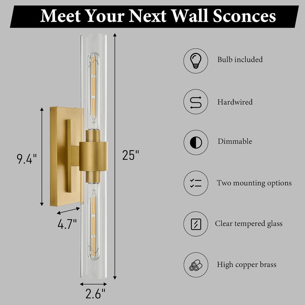 Champagne Brass Bathroom Wall Sconce - Set of 2 Modern Gold Light Sconces - Clear Glass Tube Vanity Lights - Vertical or Horizontal Mounted Dimmable Lighting Fixtures for Indoor Living Room Hallway