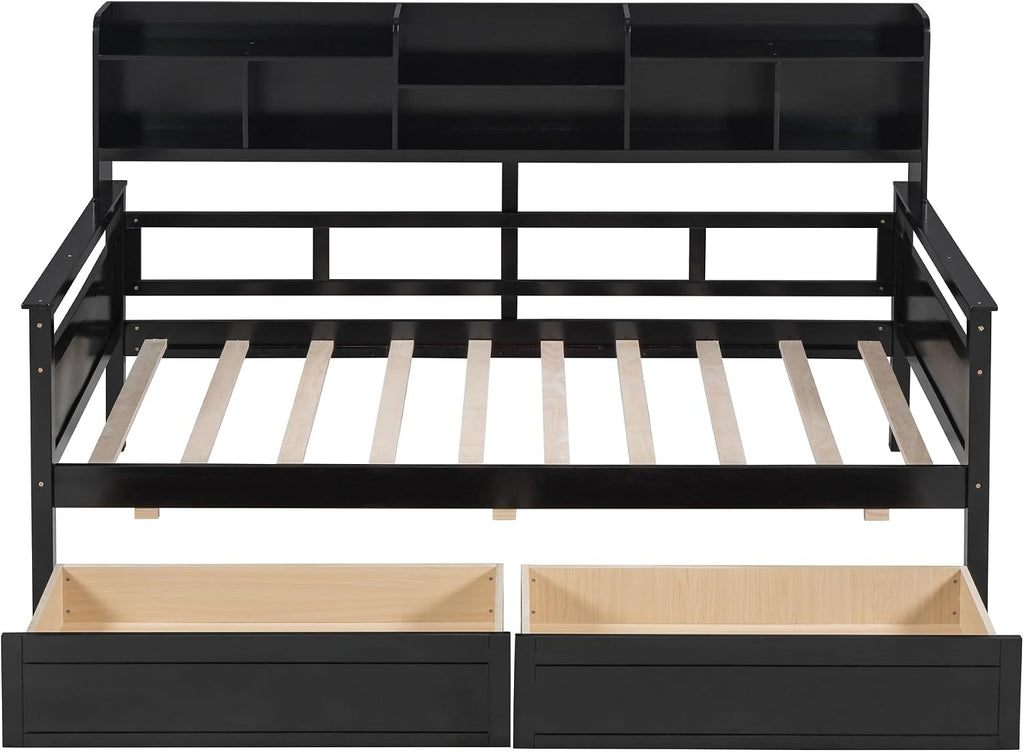 Merax Daybed with Bedside Shelves and 2 Drawers, Wooden Slats Support, Modern Living Daybed with Rails, Twin Size, Espresso