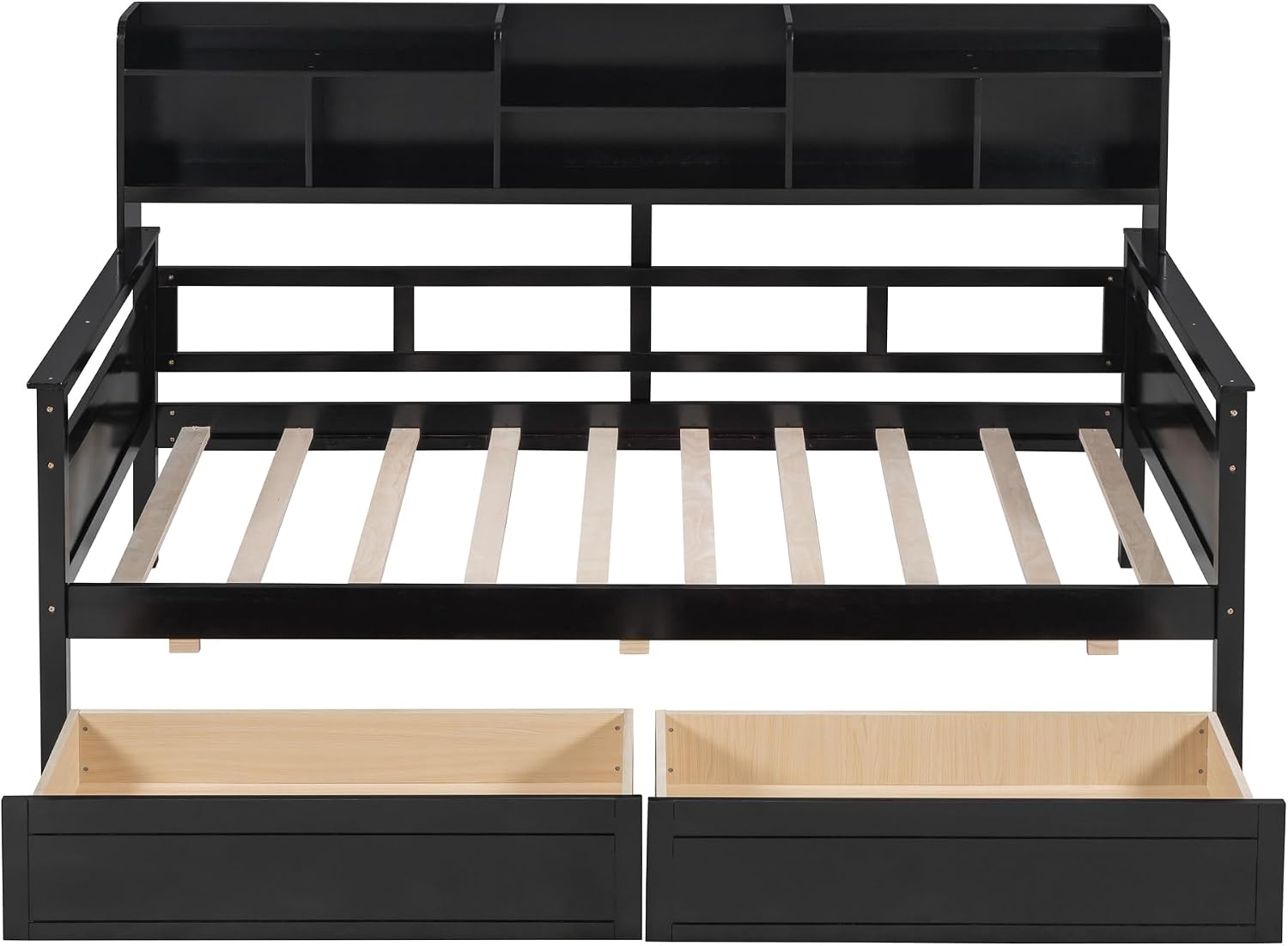 Merax Daybed with Bedside Shelves and 2 Drawers, Wooden Slats Support, Modern Living Daybed with Rails, Twin Size, Espresso