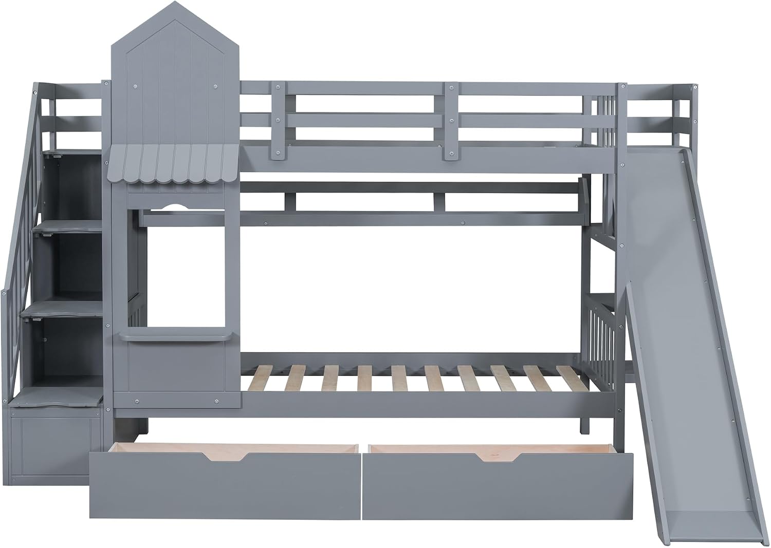 Harper & Bright Designs Kids Bunk Bed with Staircase and Slide, Twin Over Twin Wood Bunk Bed Frame with Storage Drawers & Bookshelf, Castle Style Bunk Beds for Girls, Boys (Gray)