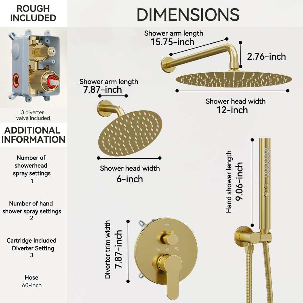 Shower Systems STARBATH 12+6' Round Dual Rainfall Shower Head with Handheld Spray for Two People, Wall Mounted 3 Way Rain Shower Faucet Sets Complete, Included Valve and Trim Kit, Brushed Gold