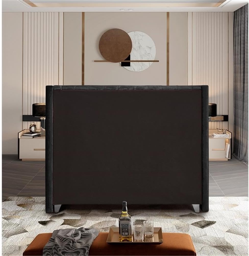 Meridian Furniture Aiden Collection Modern | Contemporary Velvet Upholstered Bed with Deep Button Tufting, Solid Wood Frame, and Custom Chrome Legs, Queen, Black