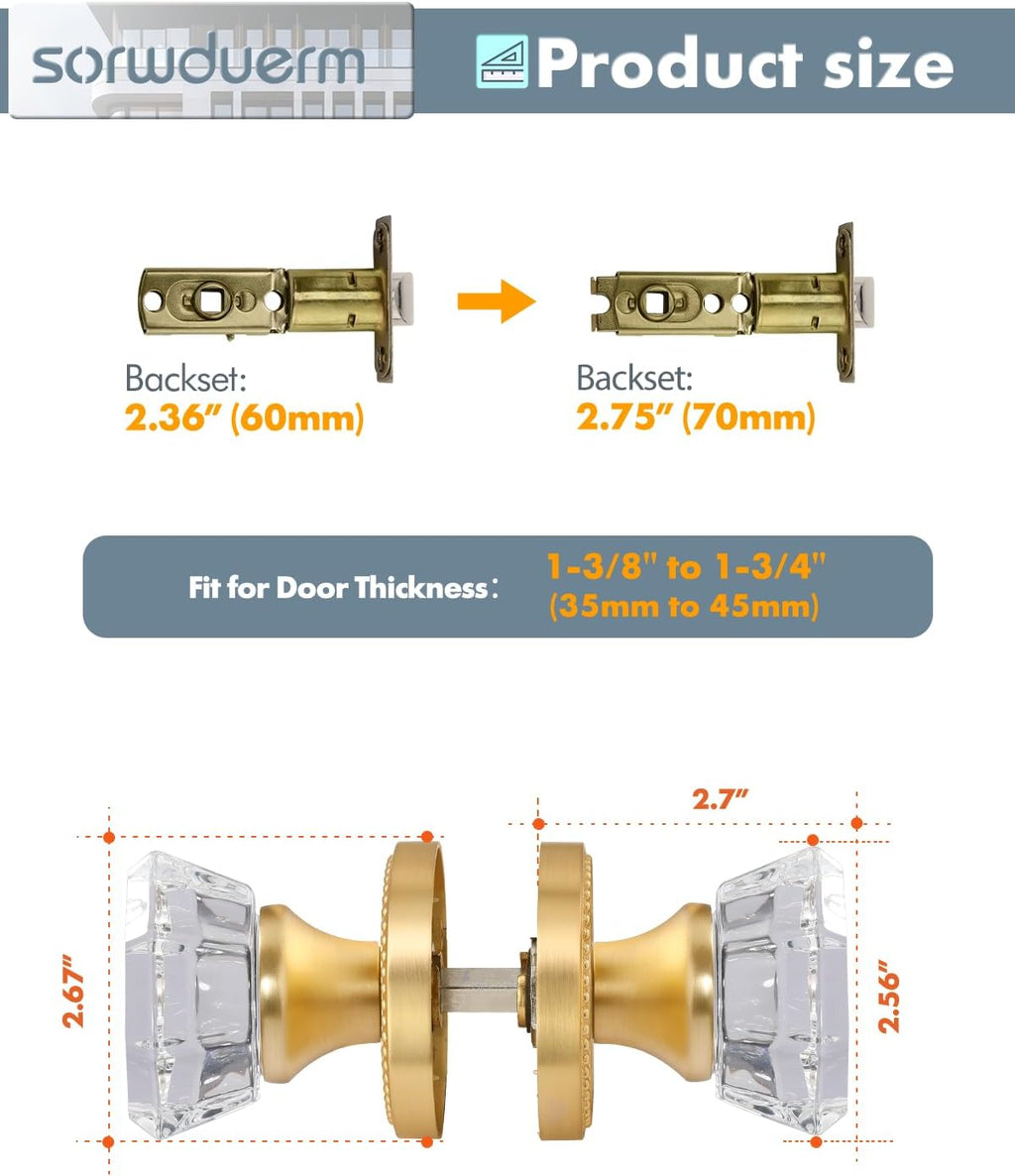 Gold Door Knobs Crystal Door Knob Brushed Gold Passage Door Knobs Glass Satin Brass Interior Door Handles for Hall and Closet 1 Pack