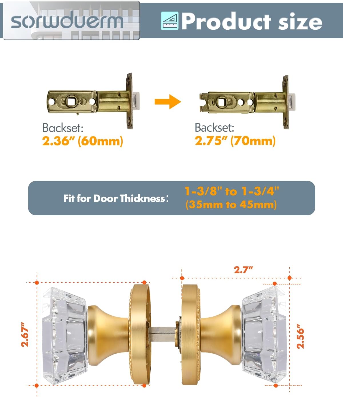 Gold Door Knobs Crystal Door Knob Brushed Gold Passage Door Knobs Glass Satin Brass Interior Door Handles for Hall and Closet 1 Pack