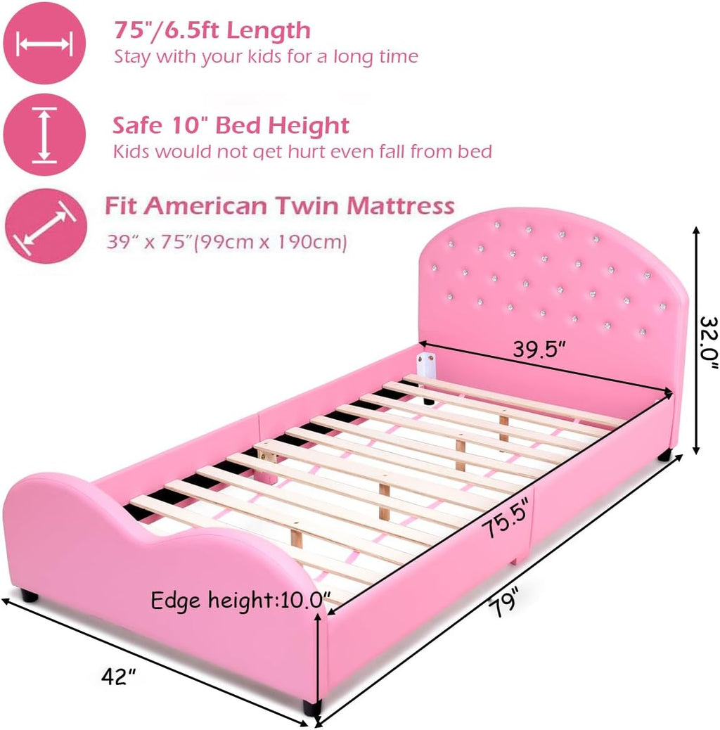 Costzon Twin Bed Frames for Kids, Wood Upholstered Twin Bed Platform with Slat Support, Padded Headboard&Footboard, No Box Spring Needed, Easy Assembly, Fits Standard Twin Mattress (Crystal)