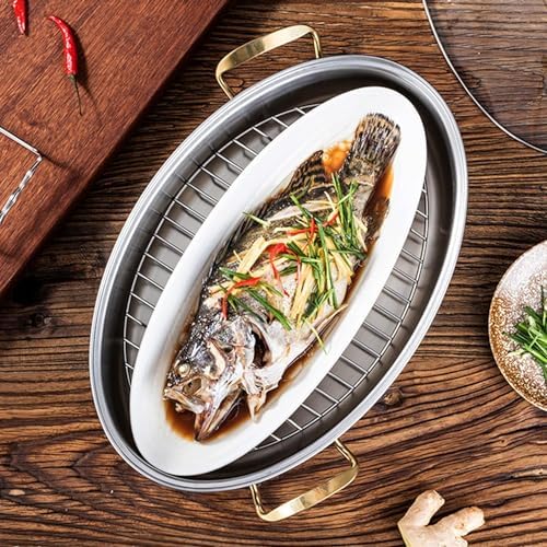 Roasting Pan, Stainless Steel Fish Steamer Elliptical Roasting Pan Multi-Use Oval Pasta Pot Braiser Stockpot with Rack, Induction Compatible Dishwasher/Oven Safe Turkey Roaster(Double Layer)