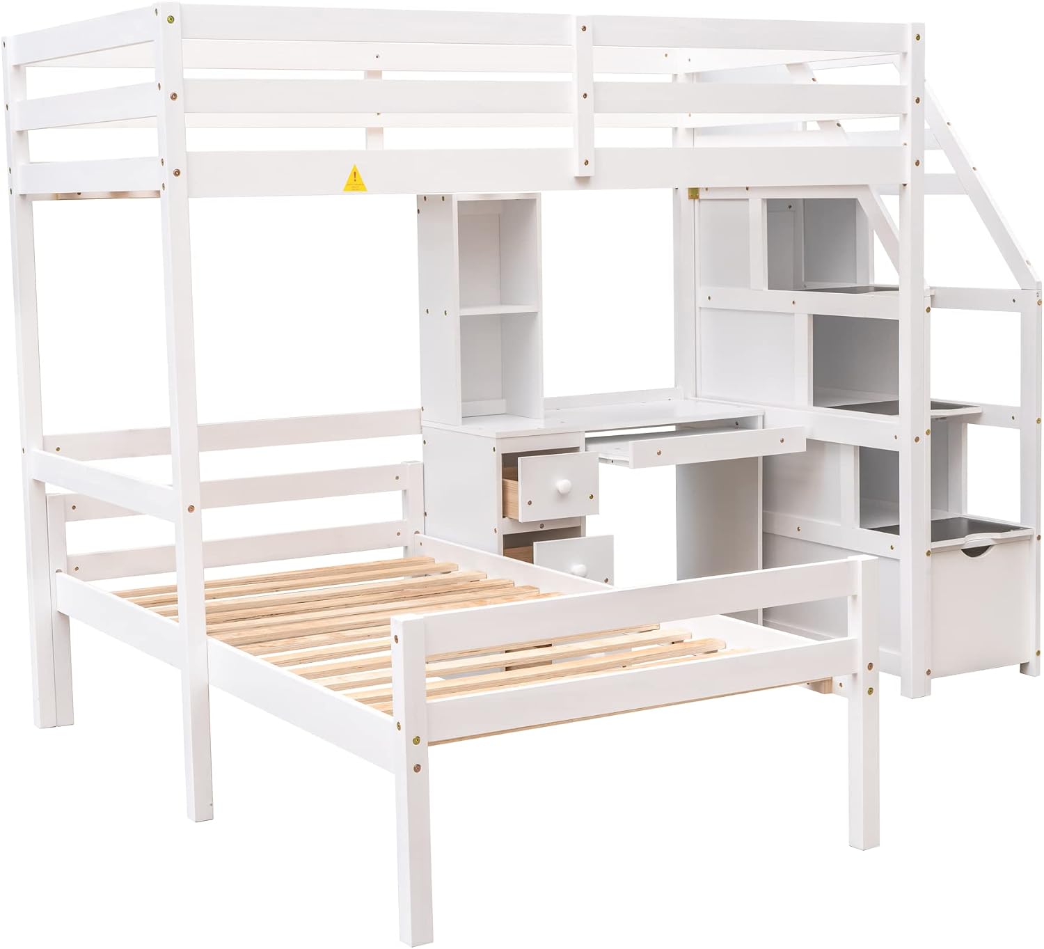 Harper & Bright Designs Twin Over Twin Bunk Bed with Desk, Heavy Duty Wood Loft Bedframe W/Shelves,Easy Assembly,Versatile Functional Bedroom Furniture Set for Boy Girl Teens,White
