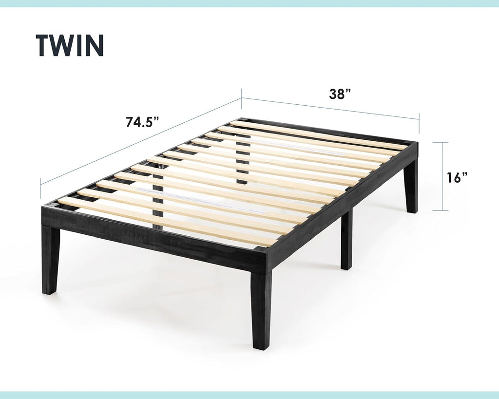 Mellow Naturalista Classic 16 Inch Solid Wood Platform Bed with Wooden Slats, Black, Twin