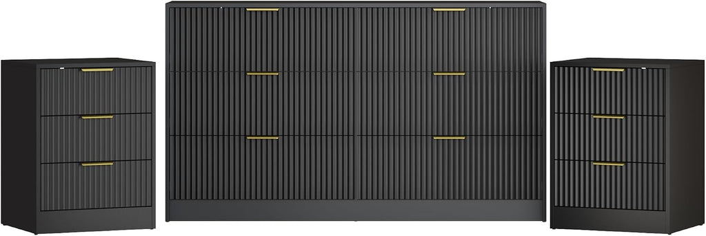 3-Piece Modern Bedroom Furniture Set, Wide 6-Drawer Dresser & 3-Drawer Nightstands Set of 2, Natural Wood Dresser and Nightstand Sets for Bedroom, Hallway, Black