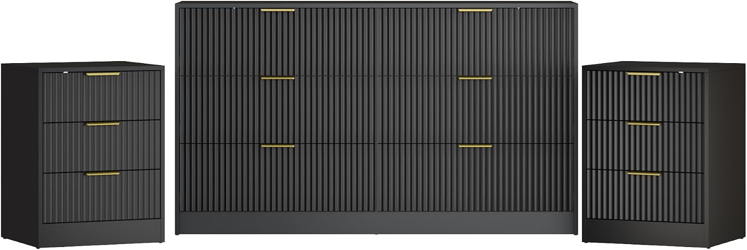 3-Piece Modern Bedroom Furniture Set, Wide 6-Drawer Dresser & 3-Drawer Nightstands Set of 2, Natural Wood Dresser and Nightstand Sets for Bedroom, Hallway, Black