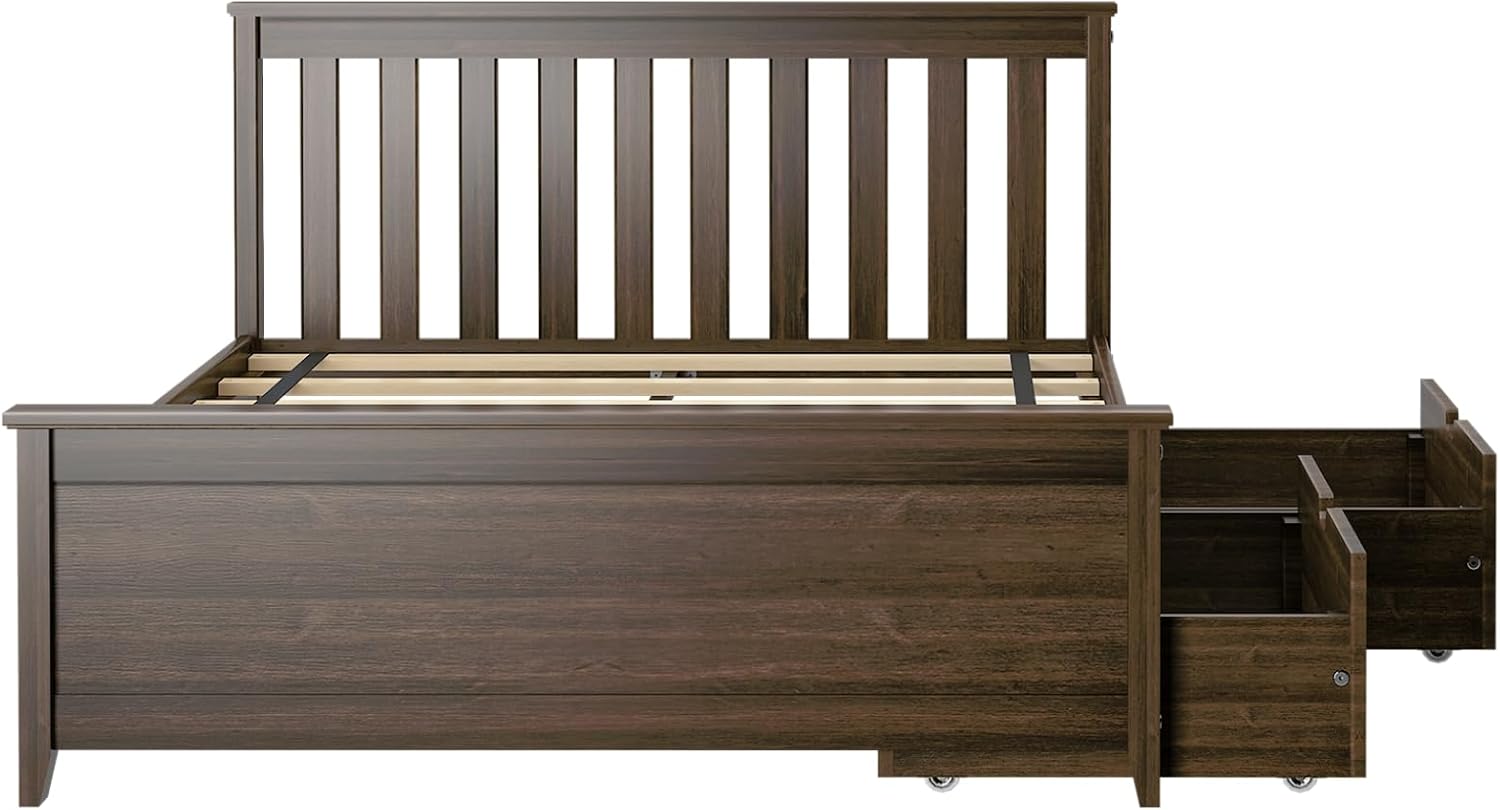 Max & Lily Classic Full Bed, Slatted Headboard, with Storage Drawers, Walnut
