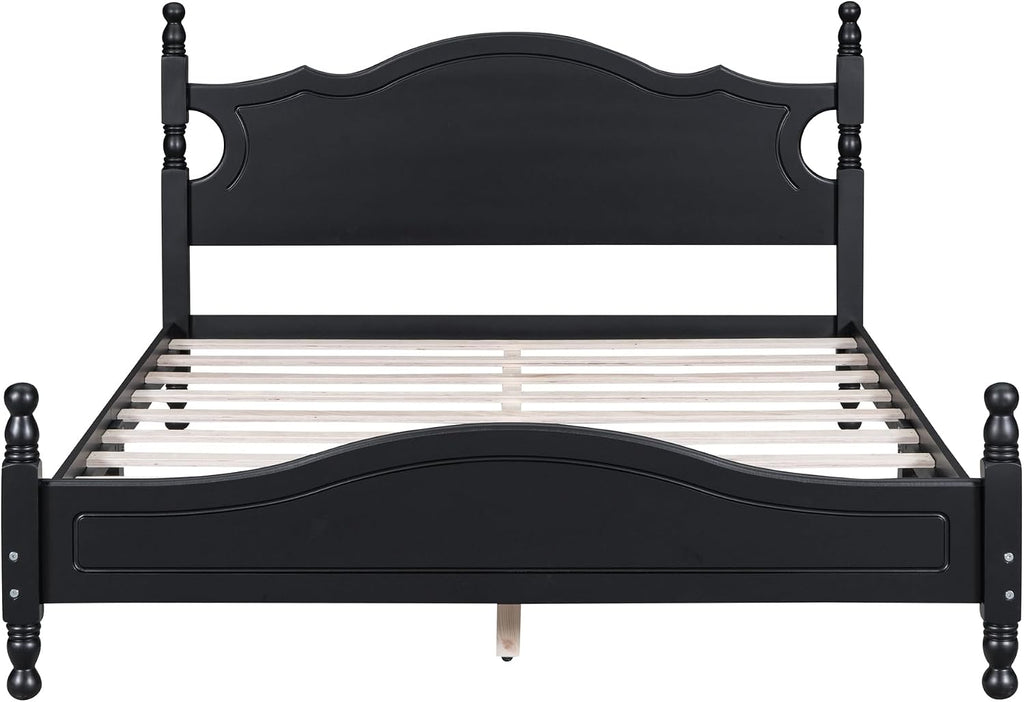 Flieks Queen Size Wood Platform Bed Frame for Boys Girls Kids Toddler,Retro Style Platform Bed with Wooden Slat Support,Black