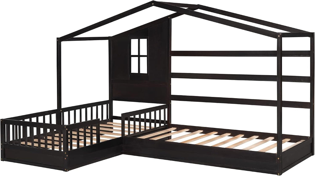 MERITLINE L Shaped Bed for 2 Kids, Twin House Bed, Wooden Double Twin Beds with Fence and Roof, Playhouse Bed, Corner Bed for Bedroom Furniture, No Box Spring Needed (Espresso)