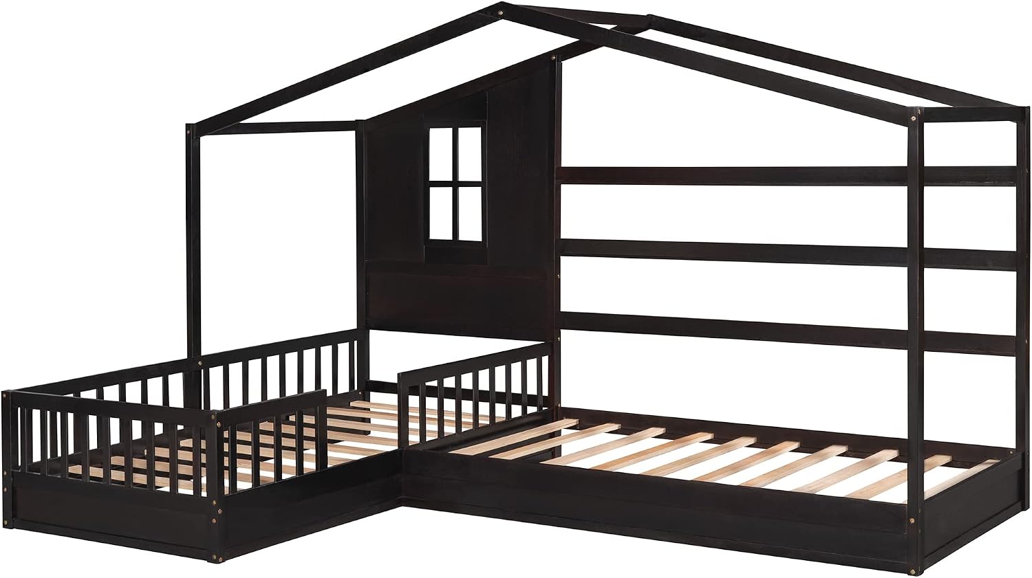 MERITLINE L Shaped Bed for 2 Kids, Twin House Bed, Wooden Double Twin Beds with Fence and Roof, Playhouse Bed, Corner Bed for Bedroom Furniture, No Box Spring Needed (Espresso)