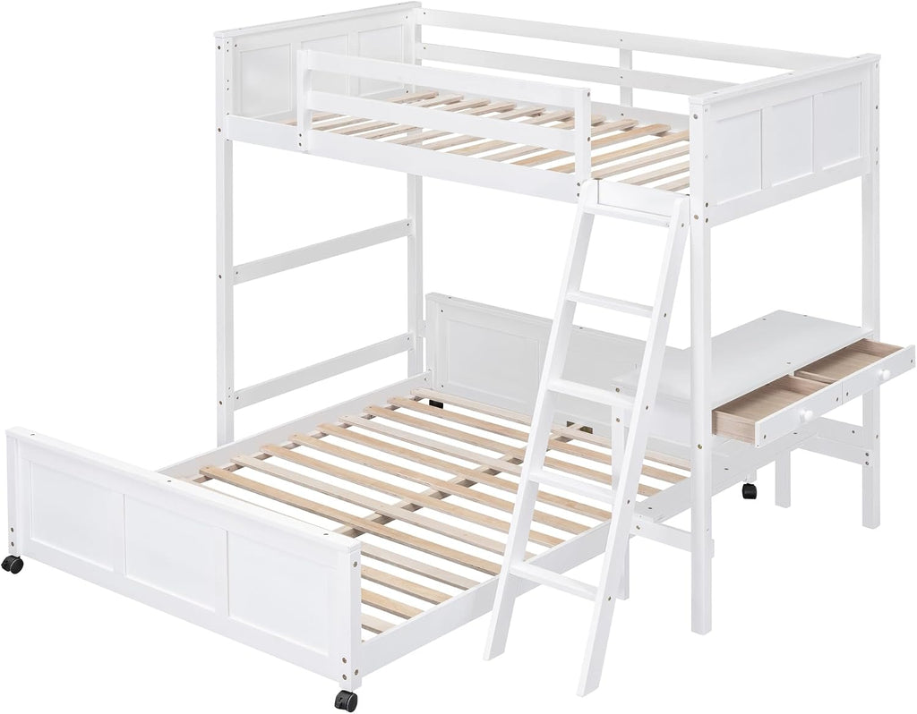 Ball & Cast Twin Over Full Bunk Bed with Safty Guardrail & Stairway,Heavy Duty Wood Loft Bedframe W/Desk & Drawers,Easy Assembly,Versatile Functional Bedroom Furniture Set for Boy Girl Teens,White