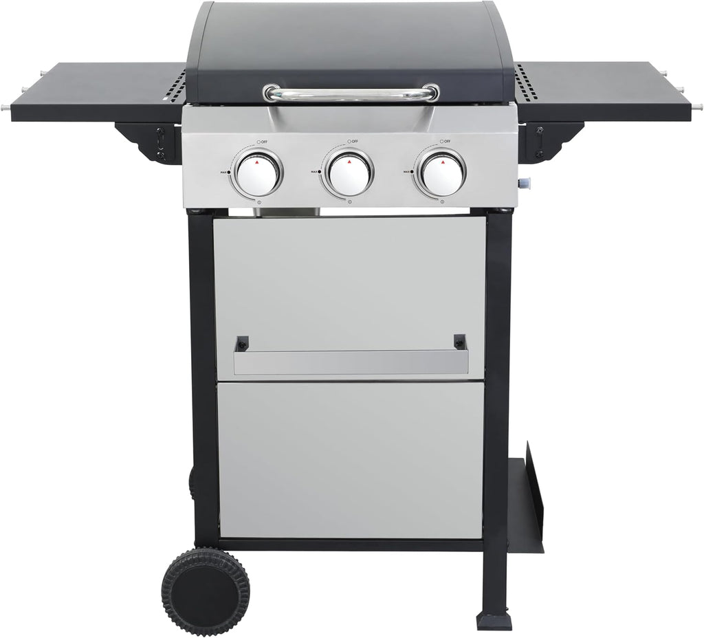 3-Burner Propane Gas BBQ Grill with SS Plancha, 36,900BTU Output with Hanging Basket, Barbecue Grill with Fixed Side Shelf, Foldable Side Tables, Wire Enamel Cooking Grids for Outdoor Backyard Party