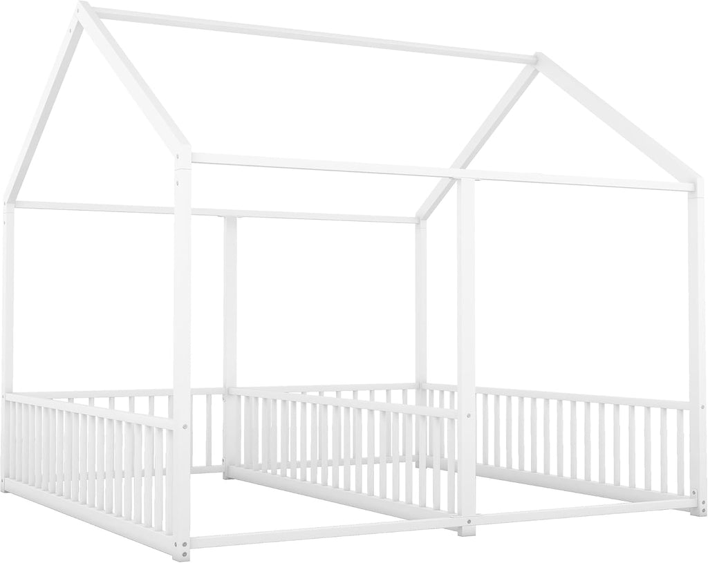 PVWIIK Full Double Montessori Floor Bed with Fence & Roof for Two Kids Teens Boys Girls,Full Floor Bed,Easy Assemble,No Box Spring Needed, White
