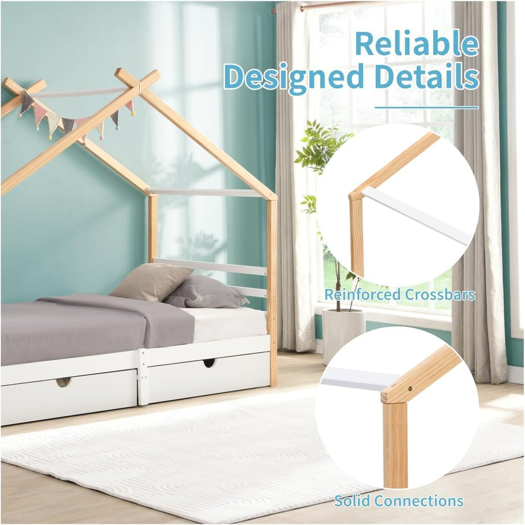 Twin Size House Bed with Storage Drawers for Kid Bedroom, Twin Wood Bed Frames for Boys Girls, Playhouse Platform Bed Frame with Roof, No Box Spring Needed, 78.13' L x 41.3' W x 70' H