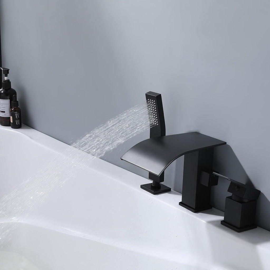 Waterfall Roman Tub Faucet with Hand Shower, Deck Mount Tub Filler Bathtub Faucet with Sprayer, Single Handle Bathtub Faucet Set, Brass Widespread 3 Hole Bathtub Shower Faucet Set Matte Black