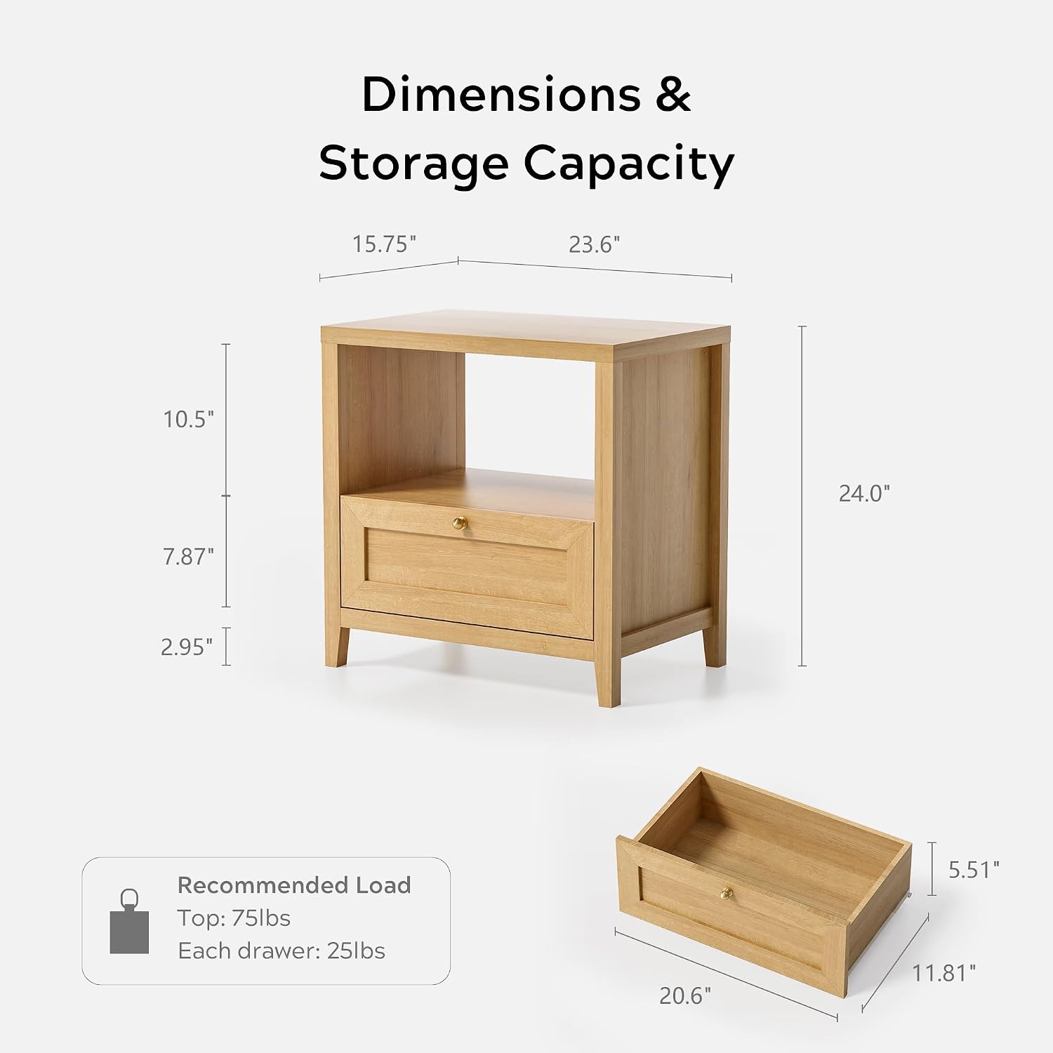 EYYTHUNG Wooden Nightstands Set of 2 with Drawer Modern 24' Wide End Table Night Stand Large Farmhouse Bedside Table with Open Shelf Mid Century Night Stands for Sofa, Natural Oak