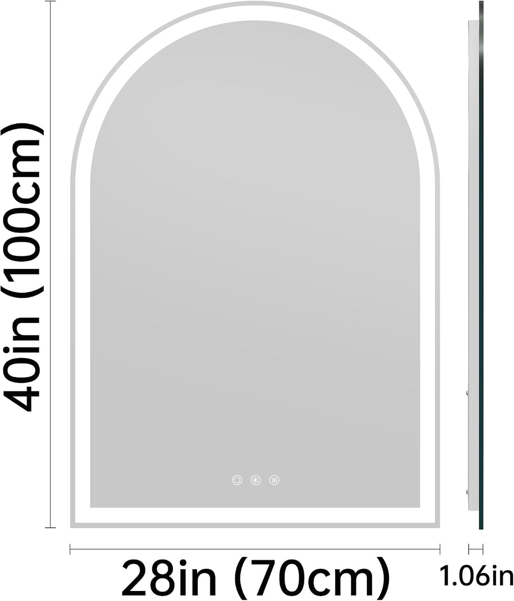 Arched Bathroom Mirror with Lights 28'x40'- Frameless LED Mirror for Bathroom, Fogless, Dimmable, 3 Color Changing, Shatterproof, Touch Sensor