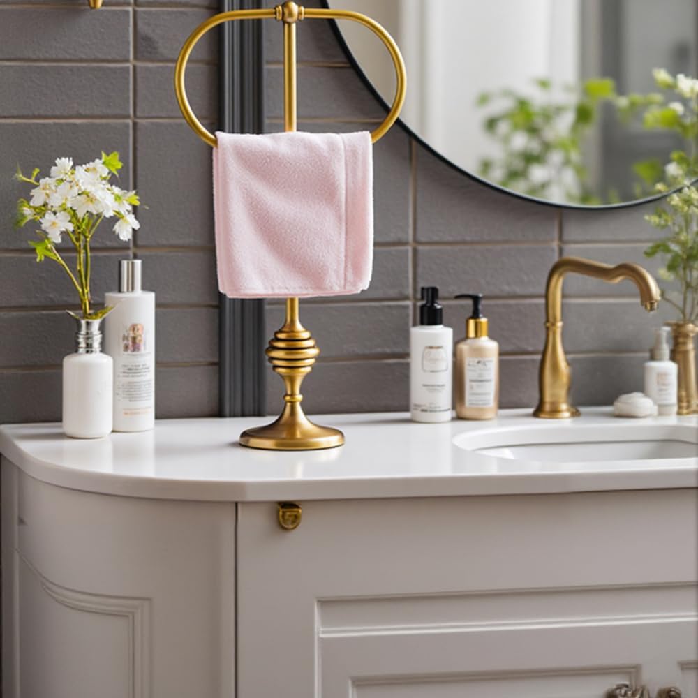 Brass Gold Freestanding Hand Towel Holder for Bathroom Countertop, Decorative Kitchen Towel Holder Stand (A)