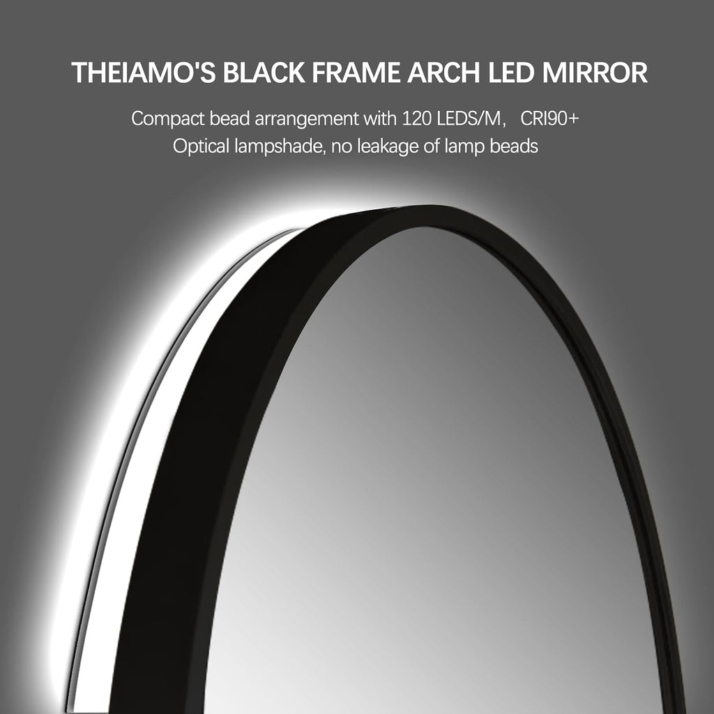 Arched LED Bathroom Mirror, 36'x24' Black Framed Arch Backlit Vanity Mirror with Lights, Anti-Fog, 3 Colors, Dimmable, Adjustable Brightness, Waterproof, UL Listed