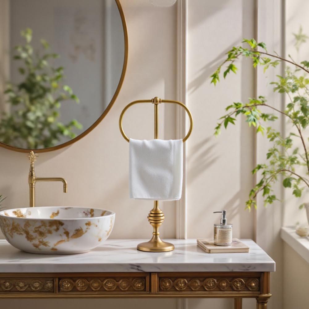 Brass Gold Freestanding Hand Towel Holder for Bathroom Countertop, Decorative Kitchen Towel Holder Stand (A)