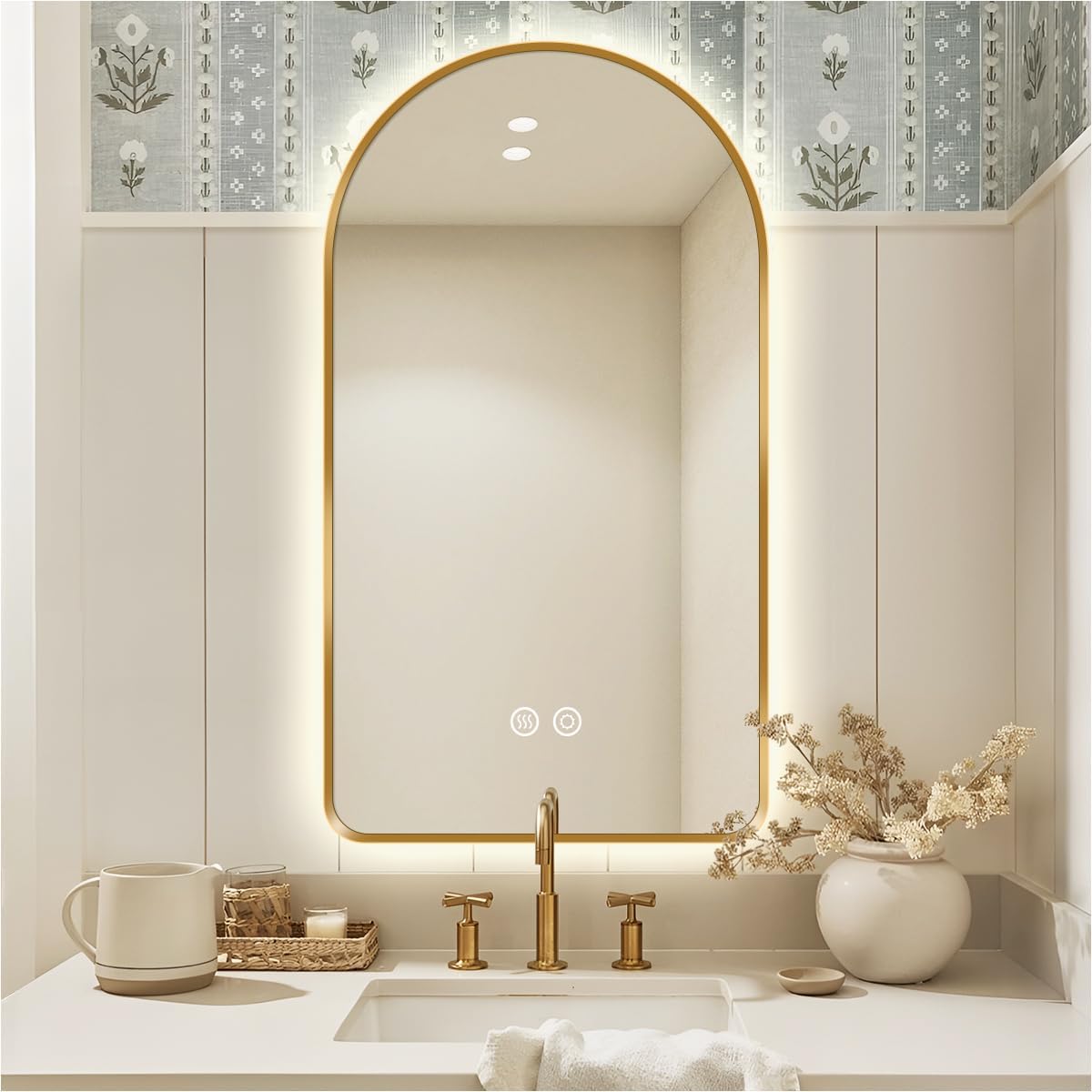 36 x 24 Arched LED Bathroom Mirror, Brushed Gold Framed, Backlit Vanity Mirror with Lights, Wall Mounted Lighted Mirror, Dimmable 3-Color Shatter-Proof Arch Smart Mirror, UL-Listed, CRI≥93