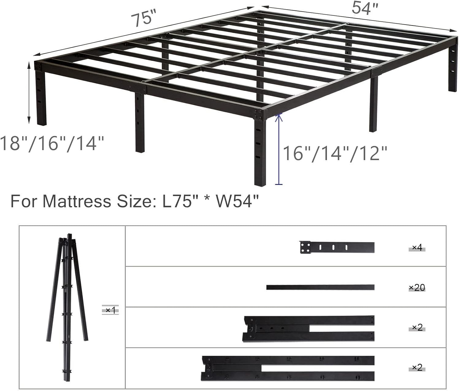 Wulanos Full Size Bed Frame, Heavy Duty Metal Frames with Steel Slats Support, No Box Spring Needed, 16 Inch High Metal Platform Bed Frames with Storage, Non-Slip and Noise-Free, Black