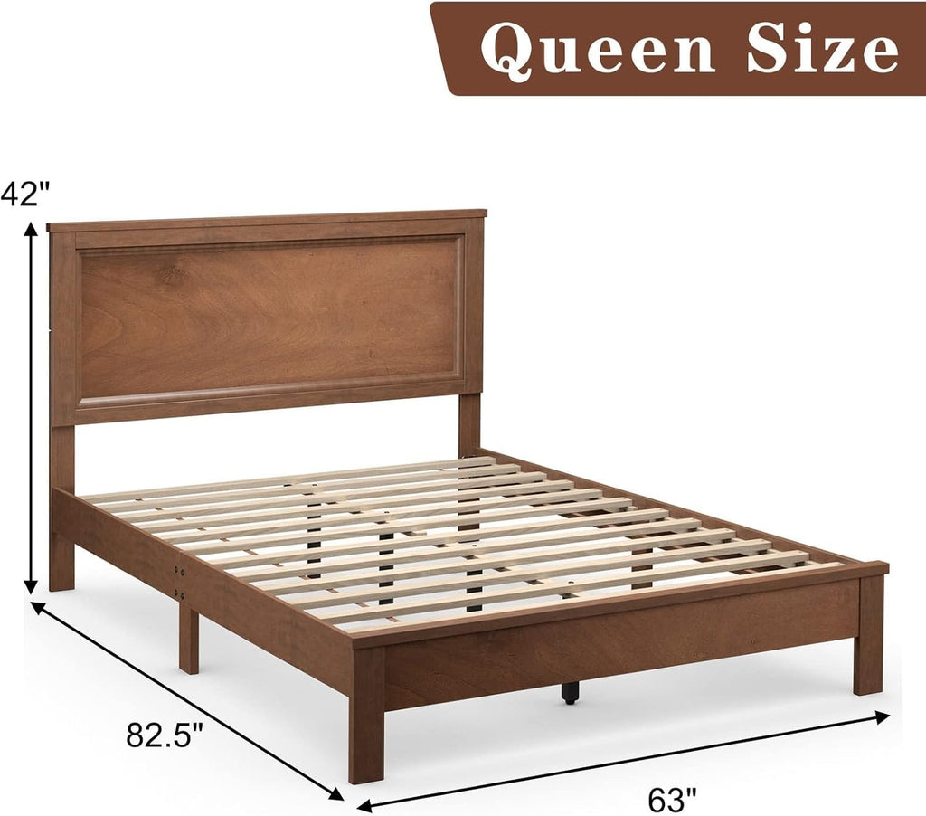 KOMFOTT Queen Size Wood Platform Bed Frame with Headboard, Wooden Mid Century Platform Bed with Slat Support & Under Bed Storage, Mattress Foundation Bed Base, No Box Spring Needed, Walnut