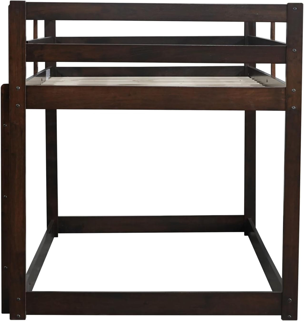 Bunk Bed Twin Over Twin, Floor Bunk Bed w Ladder, Safety Guard Rails, Heavy Duty Wooden Twin Bunk Beds Low Bunkbeds No Box Spring Required, Espresso