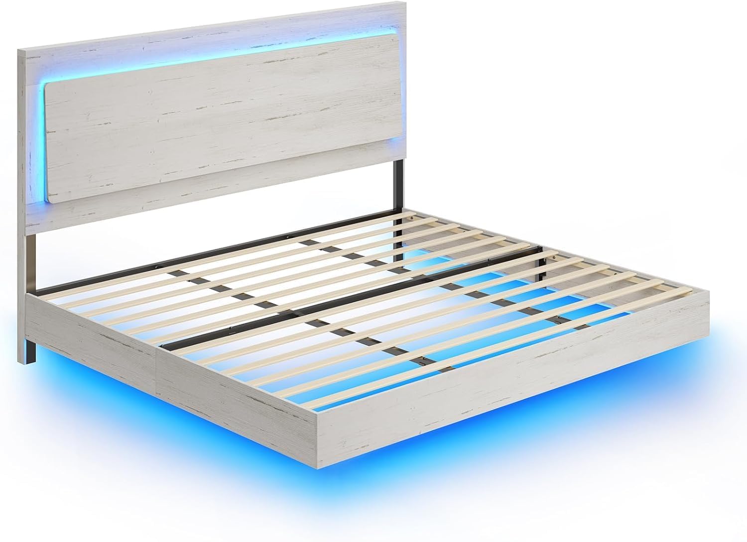 AMERLIFE King Floating Bed Frame, Farmhouse Bed Frame with Recline Headboard, No Box Spring Needed/Noise Free, Platform Bed with LED Light, Distressed White