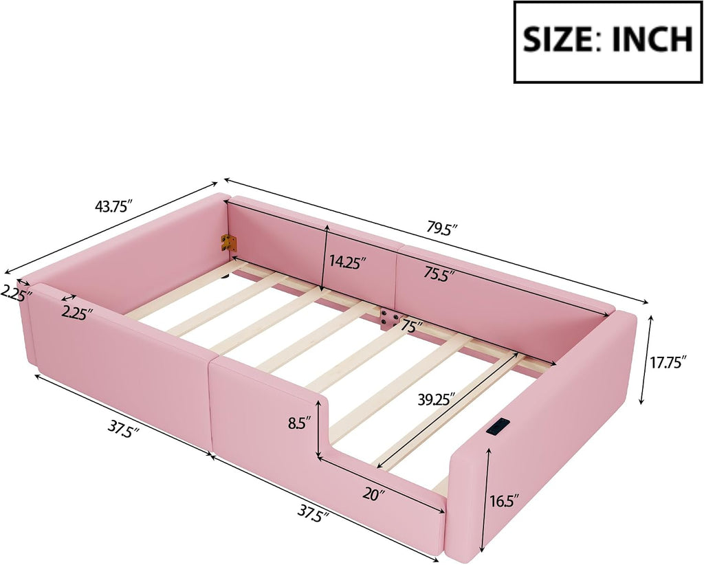 VilroCaz Twin Size Upholstered Platform Bed with Safety Guardrail, Montessori Kids Floor Bed, Child Grounded Bed with Charging Station and Sturdy Slats Support