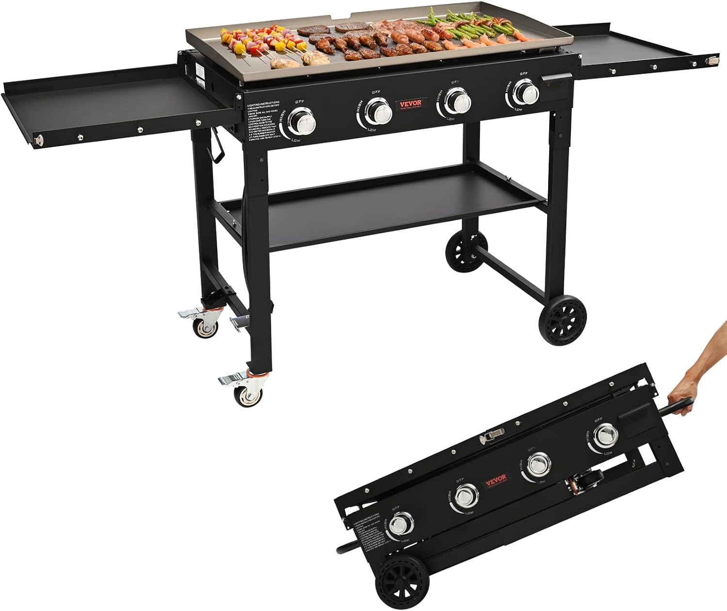 Propane Griddle on Cart, 36' Heavy Duty Manual Flat Top Griddle, Outdoor Cooking Station with Side Shelves, Steel Propane Gas Griddle, 4-Burners Restaurant Portable Grill - 60,000 BTU