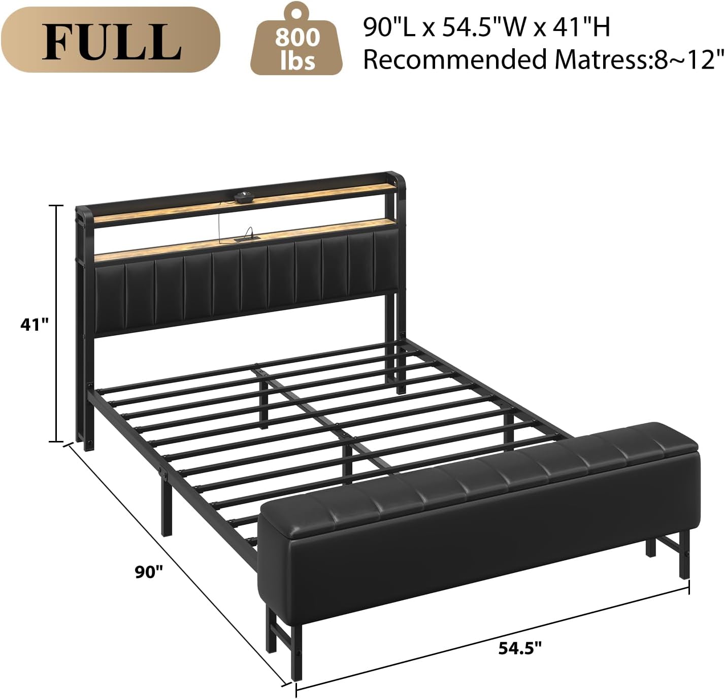 LoVinson Full Size Bed Frame with Headboard & Star Projector, Metal Upholstered Bed Frame with Charging Station, Heavy Duty Bedframe with Storage Ottoman, Noise-Free, No Box Spring Needed, Black