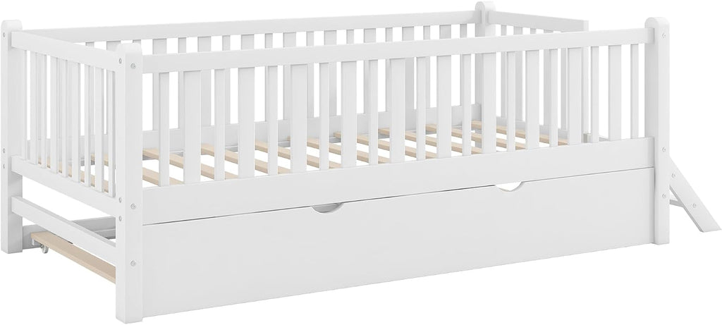 VilroCaz Twin Size Platform Bed with Guardrail and Trundle, Wood Kids Platform Bed Frame with Two-Step Ladder for Boys Girls, Sturdy Slats Support (White-1.26T)