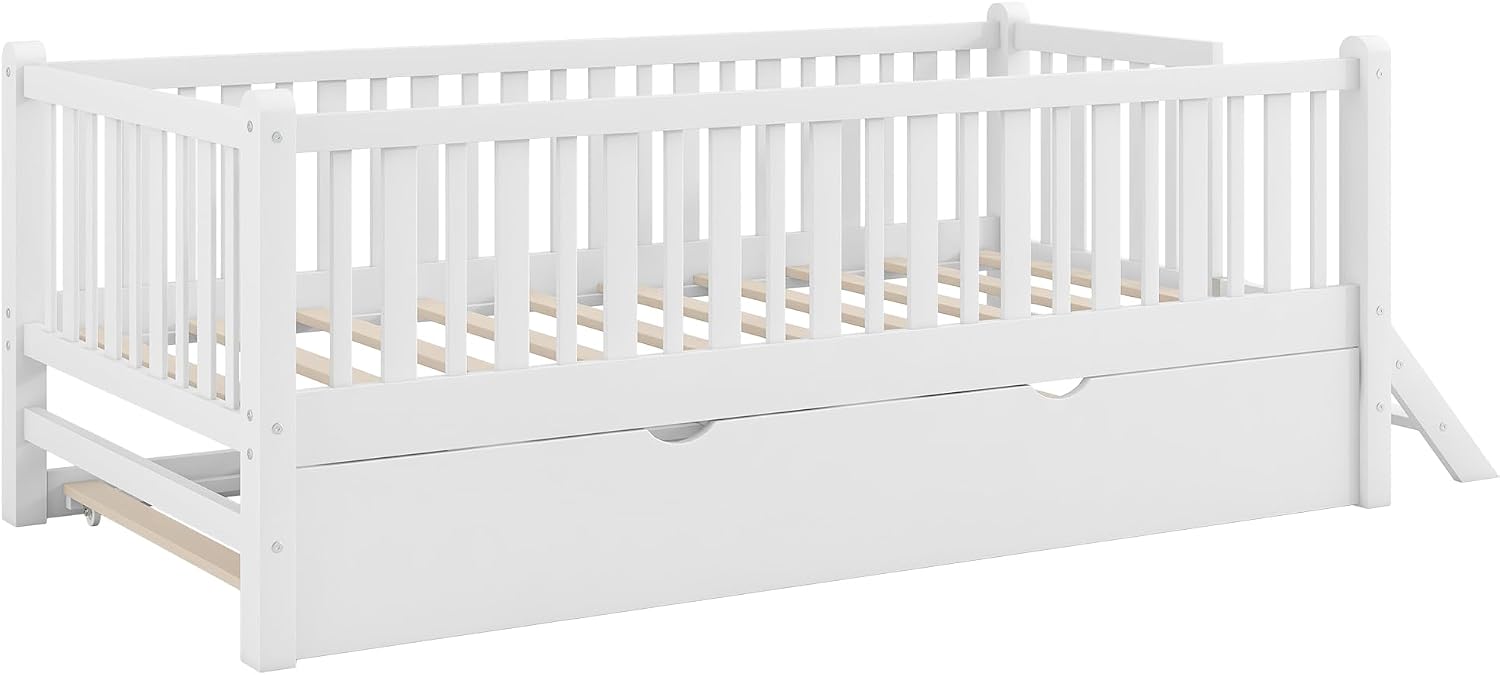 VilroCaz Twin Size Platform Bed with Guardrail and Trundle, Wood Kids Platform Bed Frame with Two-Step Ladder for Boys Girls, Sturdy Slats Support (White-1.26T)