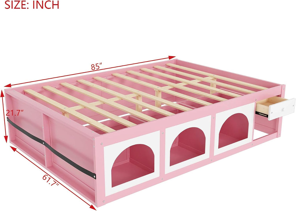 Bellemave Queen Size Kids Bed with Display Cabinet, LED Light and Drawer, Wood Queen Platform Bed with Bookshelf, BedFrames for Kids, Adults, Pink+White