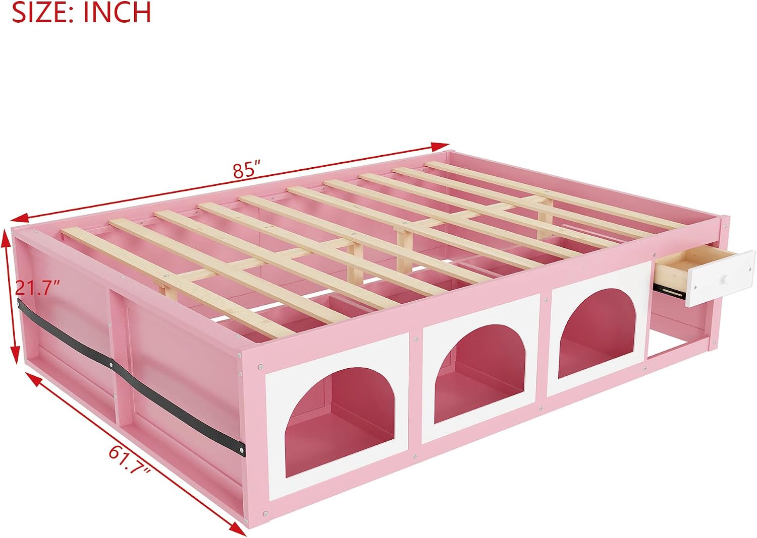 Bellemave Queen Size Kids Bed with Display Cabinet, LED Light and Drawer, Wood Queen Platform Bed with Bookshelf, BedFrames for Kids, Adults, Pink+White