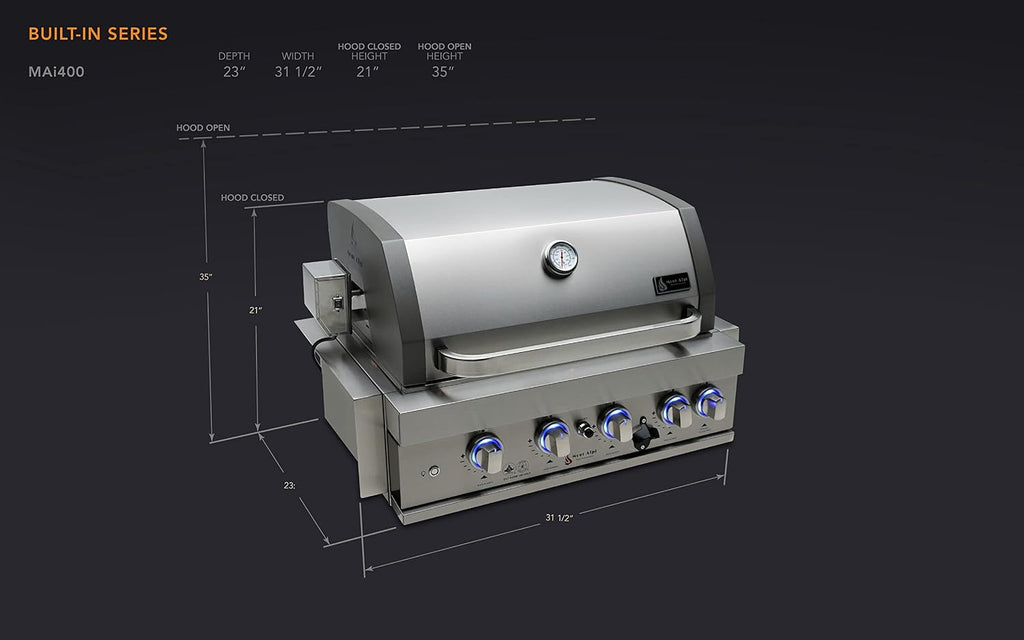 Mont Alpi Built-in MABi400-COMBO 32-Inch 4-Burner 63000 BTU Built-In Stainless Steel Outdoor Kitchen Island Gas BBQ Grill + Glass Door Compact Refrigerator + Charcoal Tray & Griddle Plate Combo