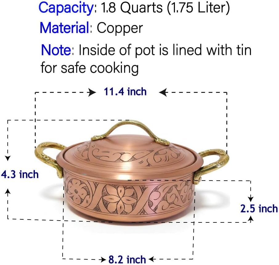 Vintage 100% Pure Solid Copper Hammered Handmade Engraved Cookware Cooking Stew Pot Braiser Lid Pan Oven Fancy Serving Nonstick Handle Non Stick Decorative Kitchen Decor Indian Turkish (1.8 Quarts)