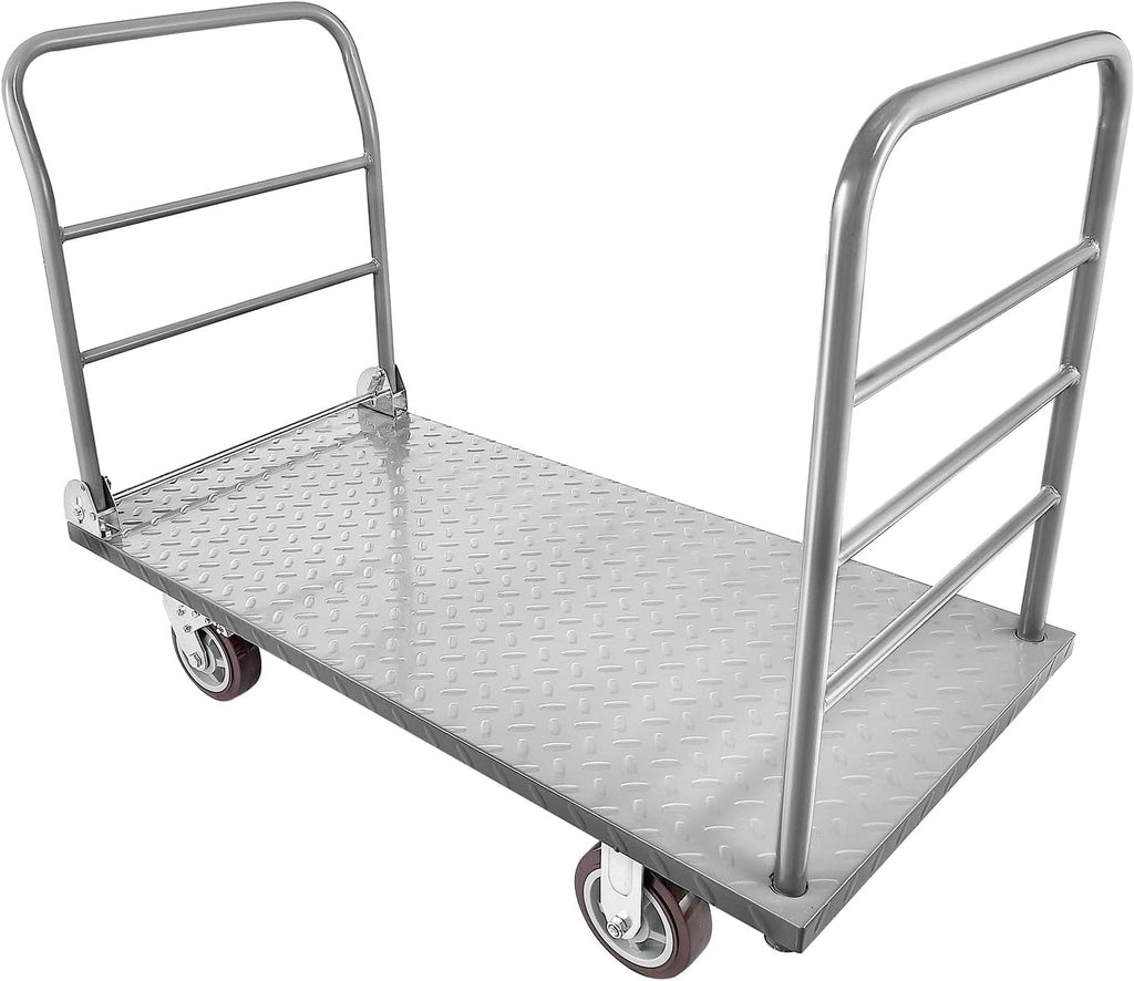 VEVOR 2 in 1Platform Truck, 2650 LBS Heavy Duty Flatbed Cart Dolly with Detachable Rear Guardrail and Swivel Wheels, Foldable Hand Push Truck Cart for Groceries, Garage, Warehouse (48'×24')