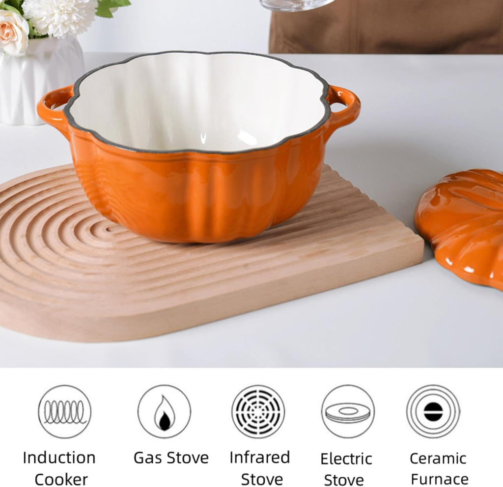 25cm/9.8in,Mswborml Pumpkin Enameled Cast Iron Dutch Oven Pot with Lid, Non-Stick Cast Iron Pot for Cooking, Bread Baking Shallow Casserole Braiser with Dual Handle, Enamel Coating, Orange